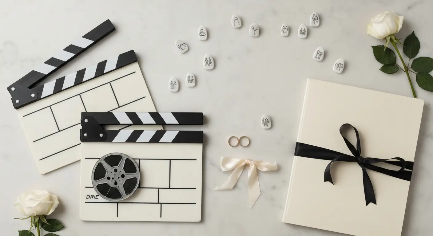 Filmowa taśma, obrączki, sześć ceramicznych znaczników i zamknięta teczka na marmurze
