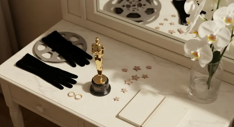 Filmowa statuetka, obrączki, rolki filmowe i rodzinne pamiątki na marmurowym stoliku