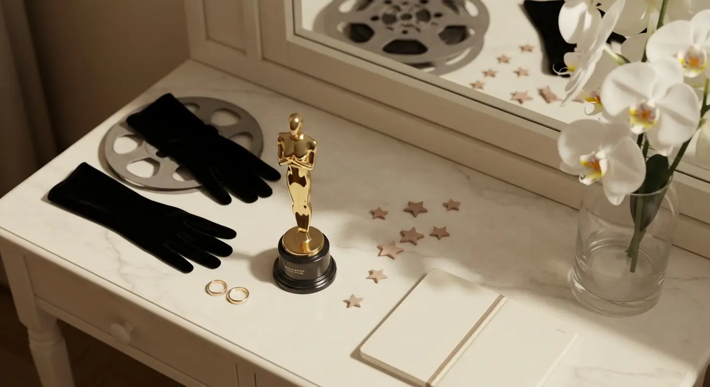 Filmowa statuetka, obrączki, rolki filmowe i rodzinne pamiątki na marmurowym stoliku
