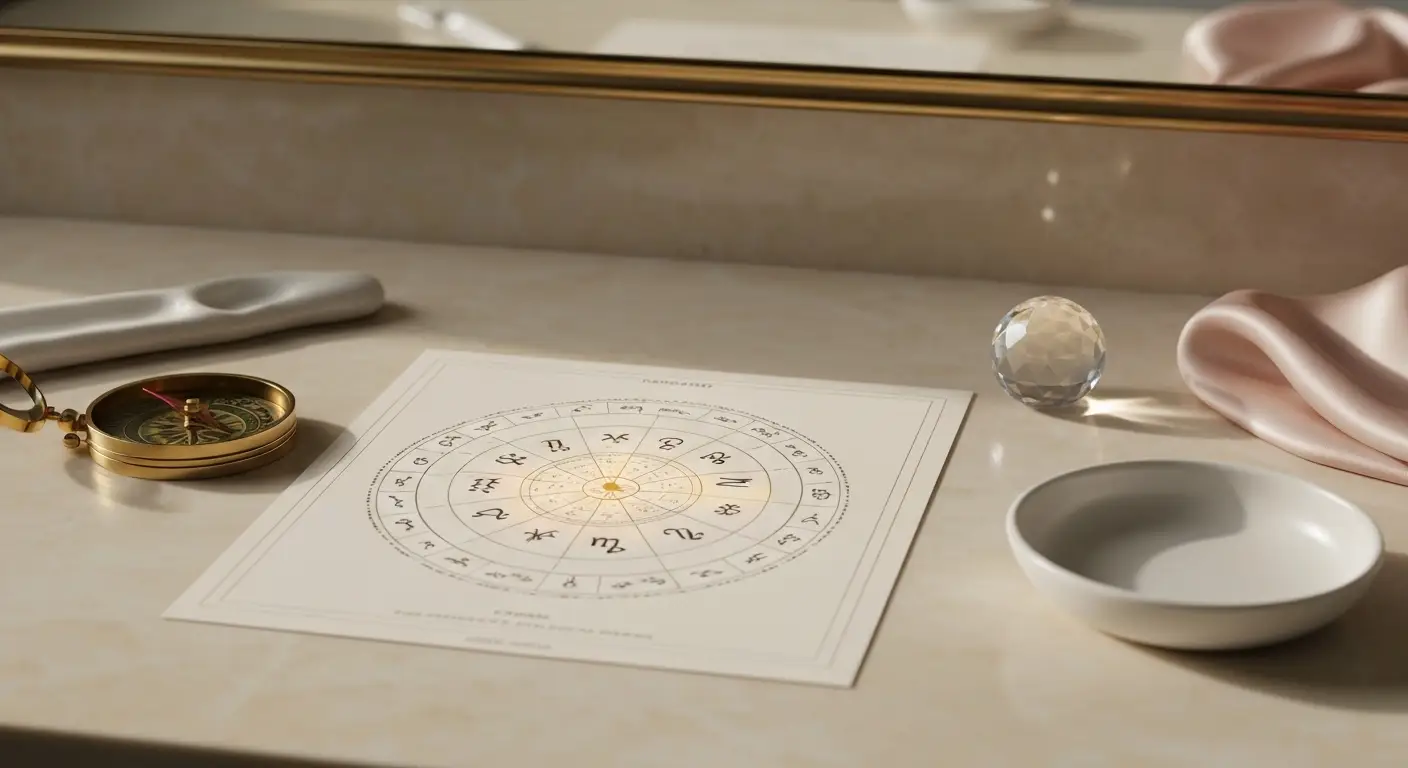 Astrologiczna mapa zodiaku, kompas i kryształ w świetle wschodzącego słońca