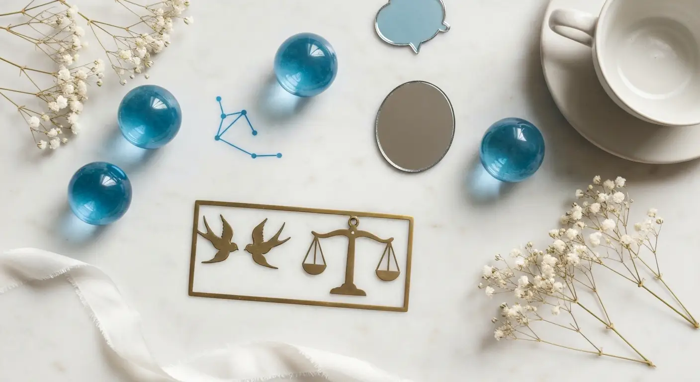 Astrologiczny flat-lay z symbolami Bliźniąt, Wagi i Wodnika oraz szkłem i białym jedwabiem
