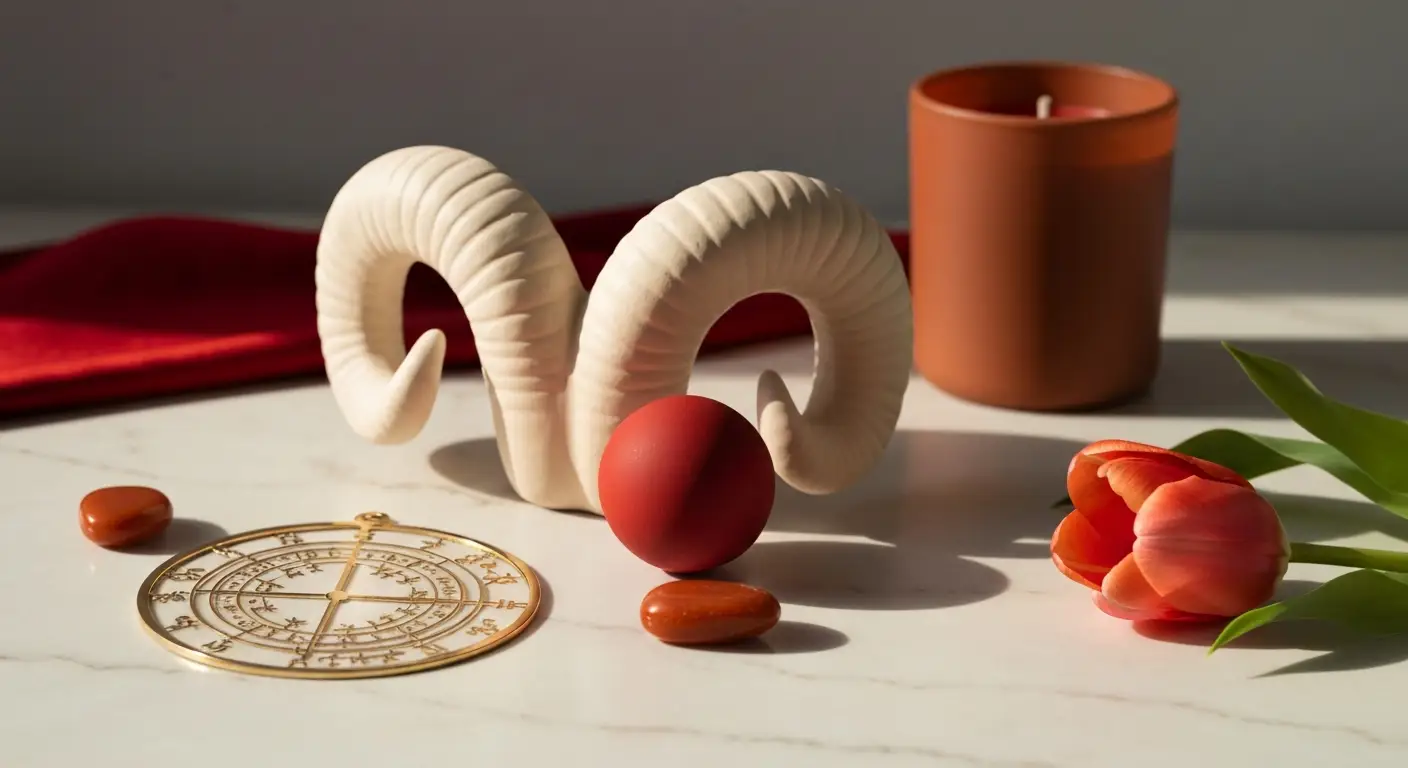 Ceramiczne rogi Barana, czerwona kula symbolizująca Marsa i karneol na jasnym marmurze