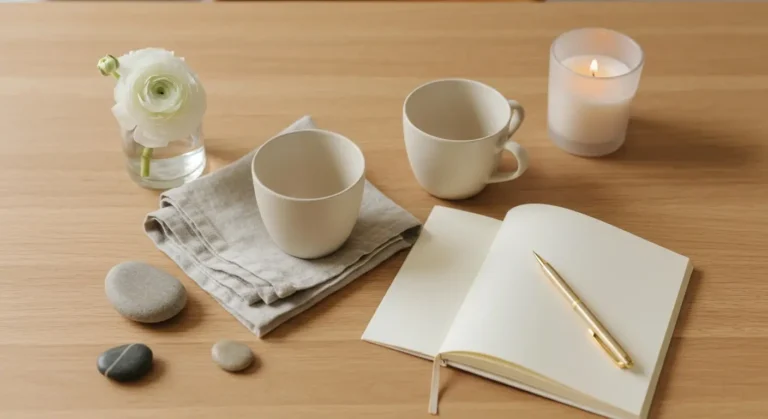 Dwie ceramiczne filiżanki, notes, kwiaty i świeca symbolizujące bliskość oraz zdrowe granice w związku