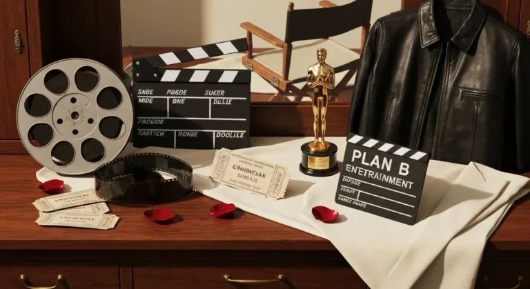 Taśma filmowa, statuetka i rekwizyty symbolizujące najważniejsze role Brada Pitta