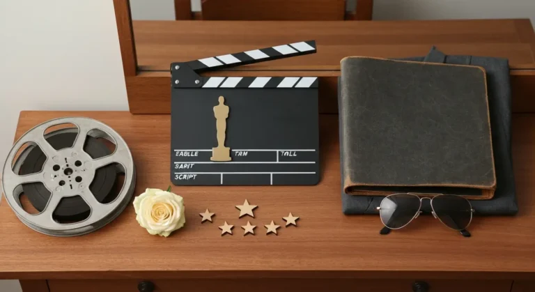 Taśma filmowa, pusty klaps filmowy i eleganckie rekwizyty na drewnianej toaletce