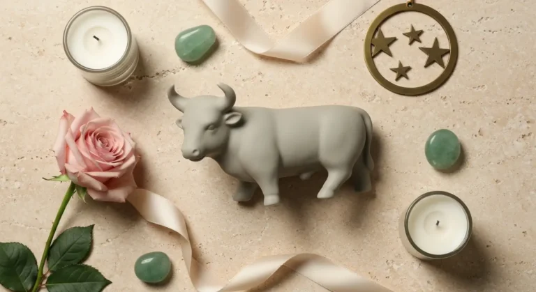 Ceramiczna figurka byka na kamiennym blacie z różą, świecą, perfumami i zielonymi kamieniami