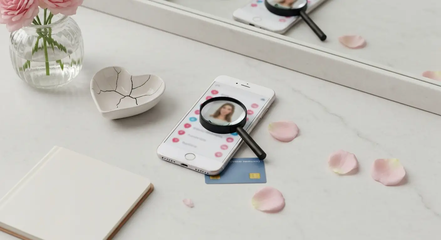 Telefon z rozmytym profilem randkowym, lupa i karta bankowa na marmurowej toaletce