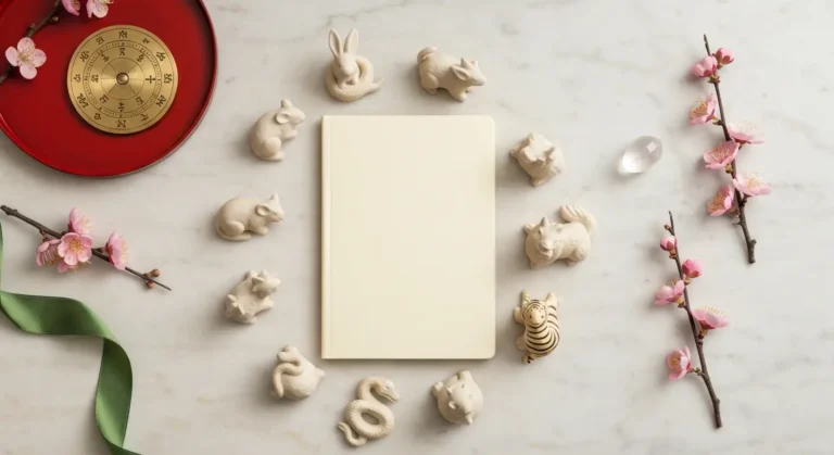 Ceramiczne figurki dwunastu chińskich znaków zodiaku wokół pustego kalendarza księżycowego