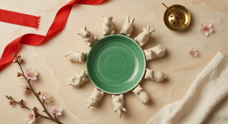 Ceramiczne figurki dwunastu chińskich znaków zodiaku ułożone w krąg na marmurowym stoliku