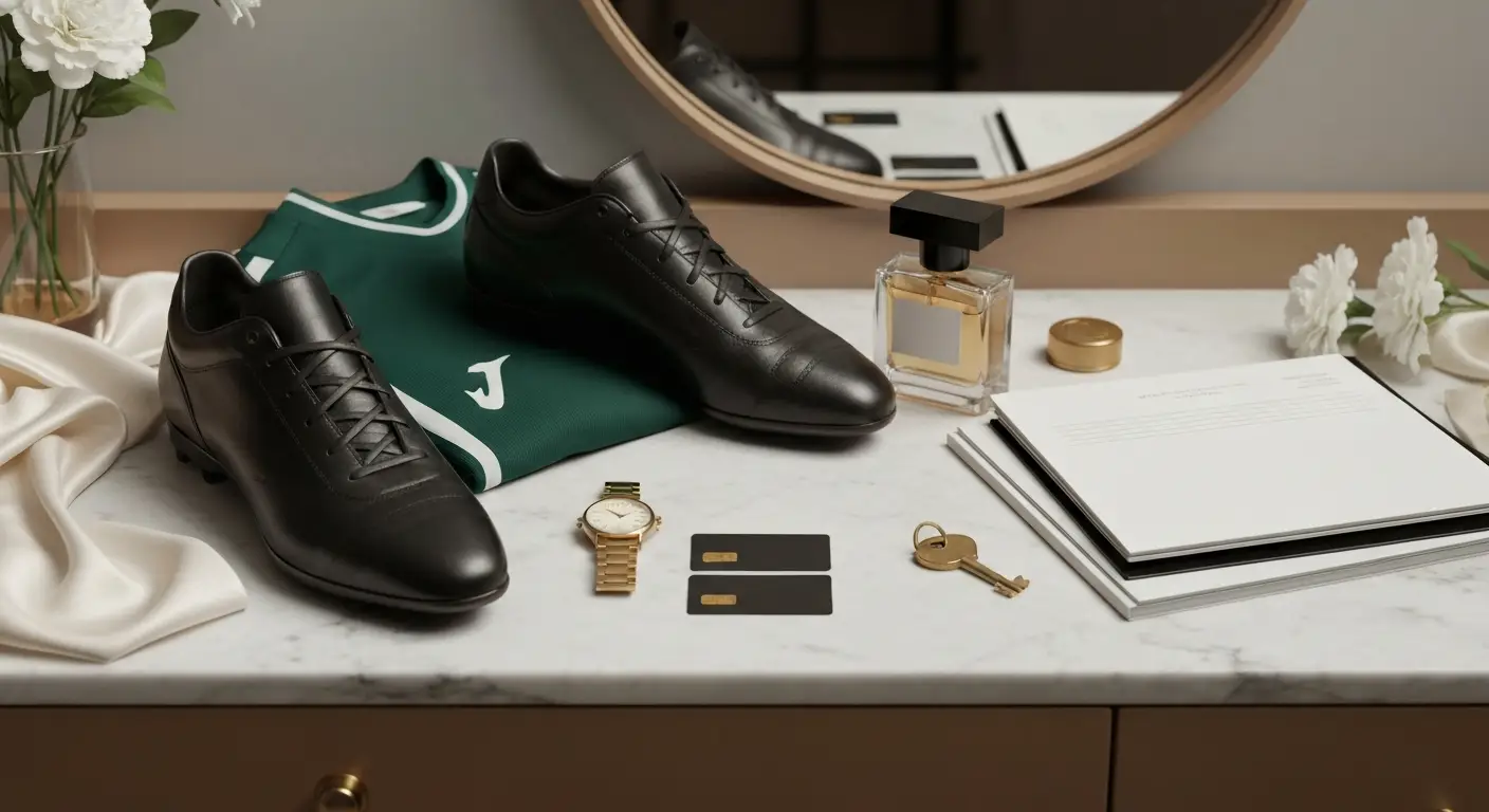 Luksusowe akcesoria piłkarskie, zegarek i dokumenty symbolizujące majątek oraz biznesy Cristiano Ronaldo