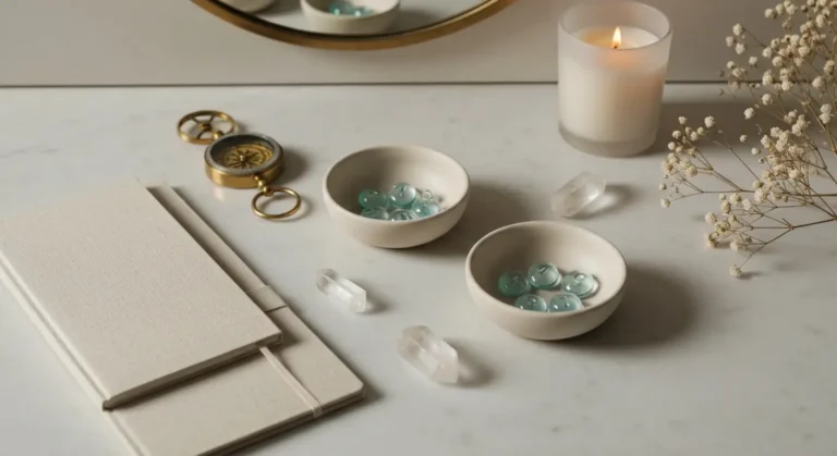 Trzy ceramiczne miseczki z symbolicznymi żetonami, kryształami i notesem na marmurowej toaletce