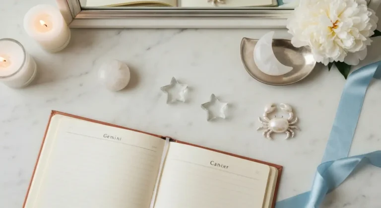 Astrologiczna kompozycja z symbolami Bliźniąt i Raka na jasnym marmurowym stoliku