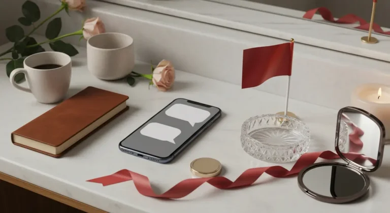 Telefon z czerwoną wstążką, notesem i kawą jako symbol ostrożności w randkowaniu online