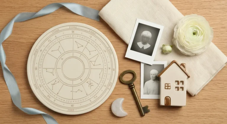 Astrologiczna kompozycja z kamieniem księżycowym, kluczem i ceramicznym domkiem