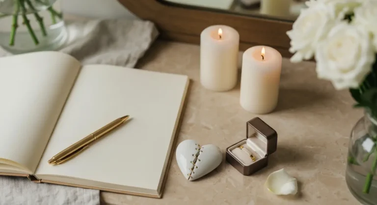 Notatnik, dwa świece i naprawione porcelanowe serce na marmurowej toaletce