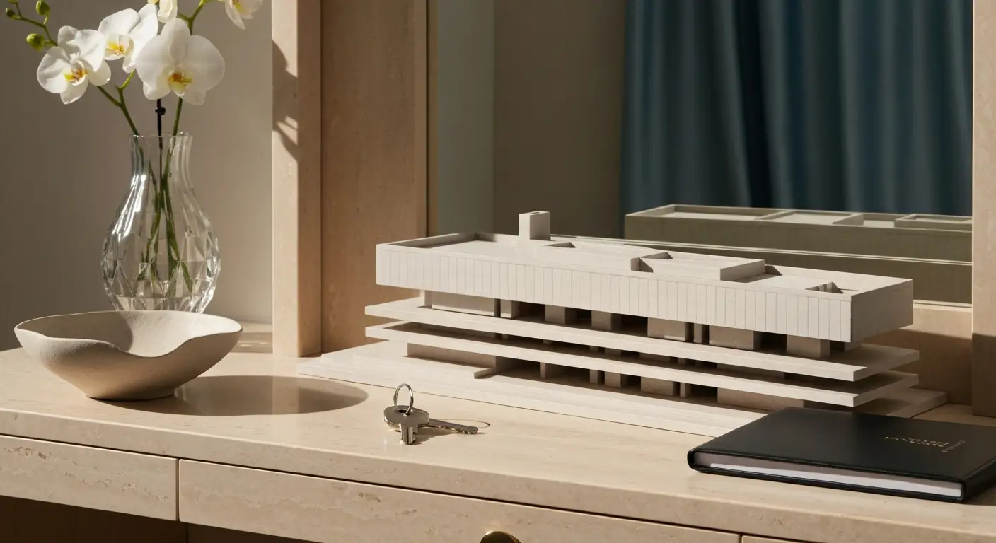 Betonowa makieta minimalistycznej rezydencji na trawertynowym stoliku z białymi orchideami