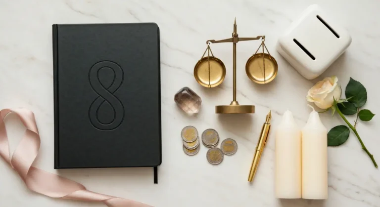Elegancki notes, symbol ósemki, monety, kryształ i róża na marmurowej toaletce