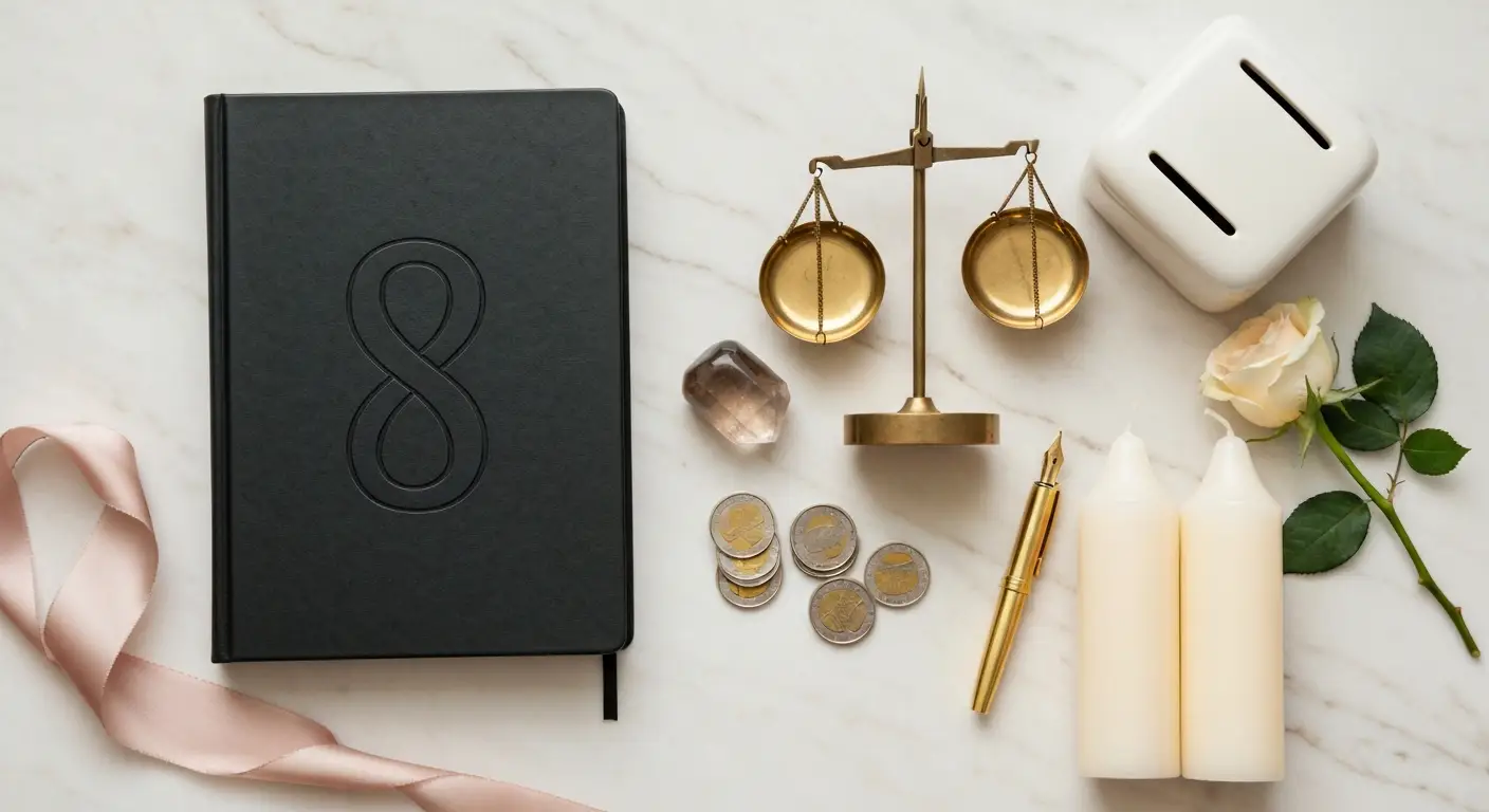 Elegancki notes, symbol ósemki, monety, kryształ i róża na marmurowej toaletce