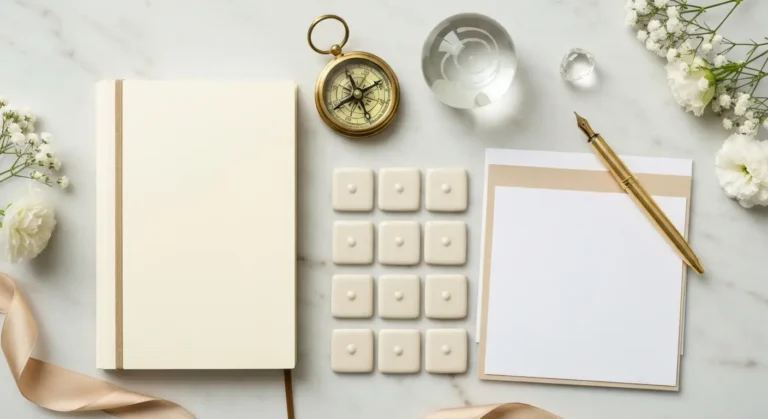 Notes kariery, kompas, kryształ i ceramiczne symbole numerologiczne na marmurowym blacie