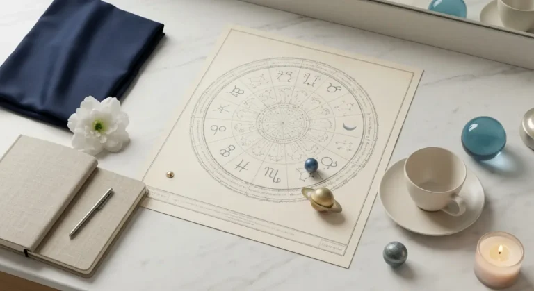 Astrologiczny kosmogram z Księżycem, Saturnem i niebieską kulą na marmurowej toaletce