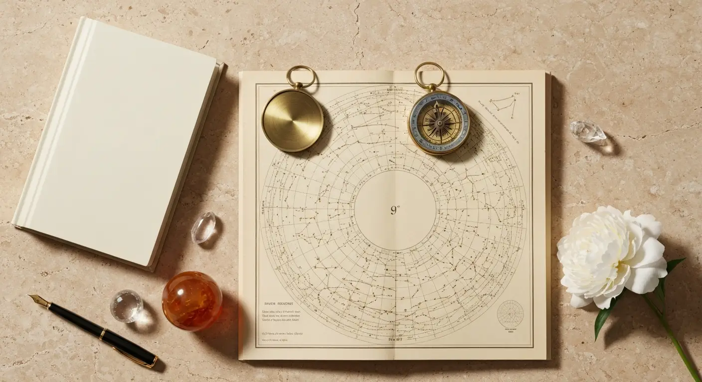 Astrologiczna mapa nieba z kompasem, książką i symbolem Jowisza na kamiennym blacie