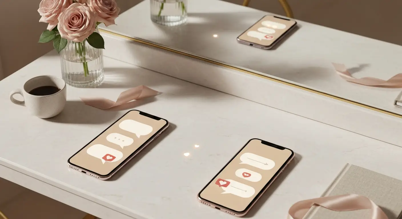 Dwa smartfony na marmurowej toaletce z różami i kawą symbolizujące flirt online oraz granice