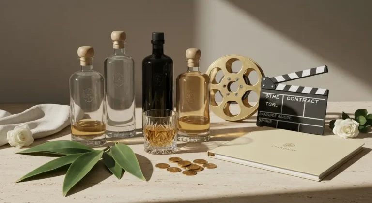 Butelki tequili, rekwizyty filmowe i złote monety na jasnym kamiennym blacie