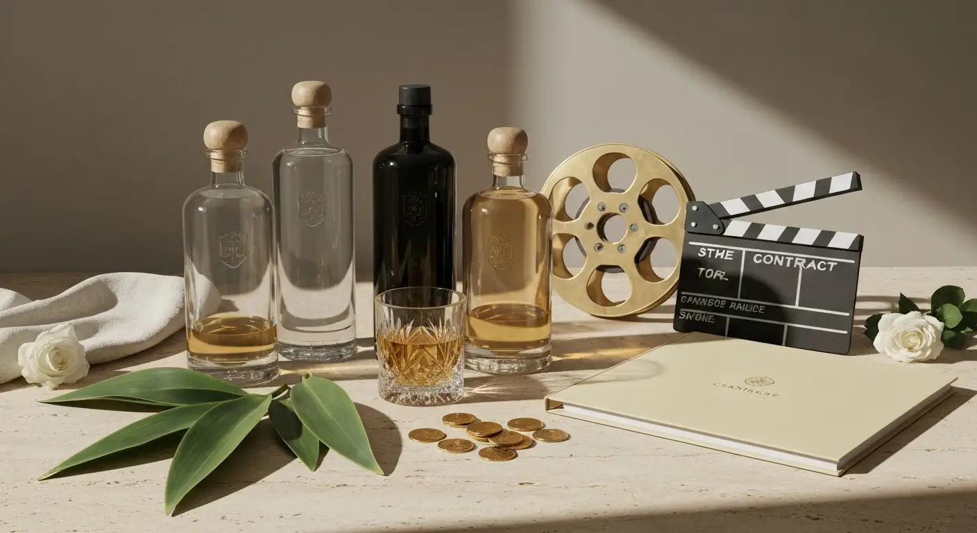 Butelki tequili, rekwizyty filmowe i złote monety na jasnym kamiennym blacie