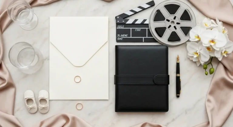 Obrączki, filmowa szpula, teczka prawnicza i dziecięce buciki na marmurowym blacie