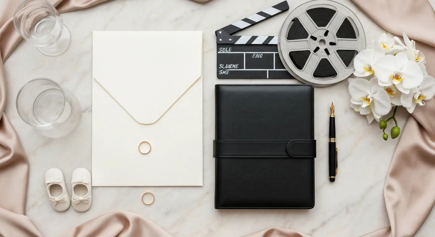 Obrączki, filmowa szpula, teczka prawnicza i dziecięce buciki na marmurowym blacie