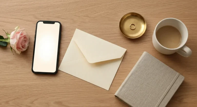 Telefon, nieotwarta koperta, róża i notes na drewnianym stoliku po randce