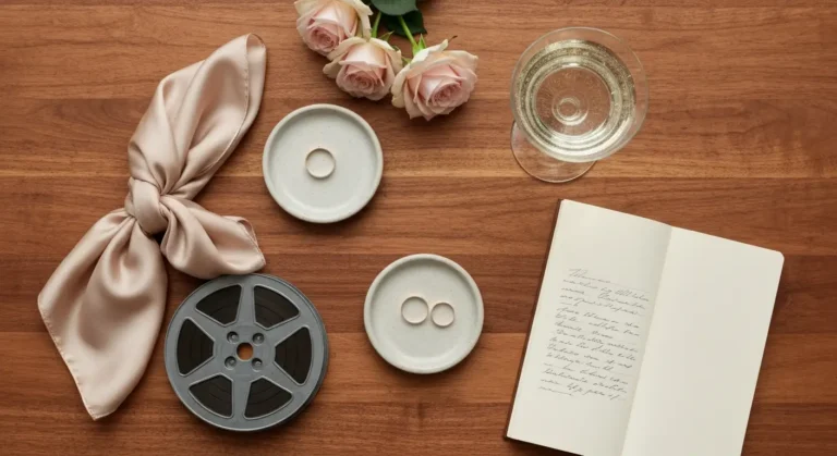 Filmowe rekwizyty, dwa osobne złote pierścionki i róże symbolizujące długoletni związek bez ślubu