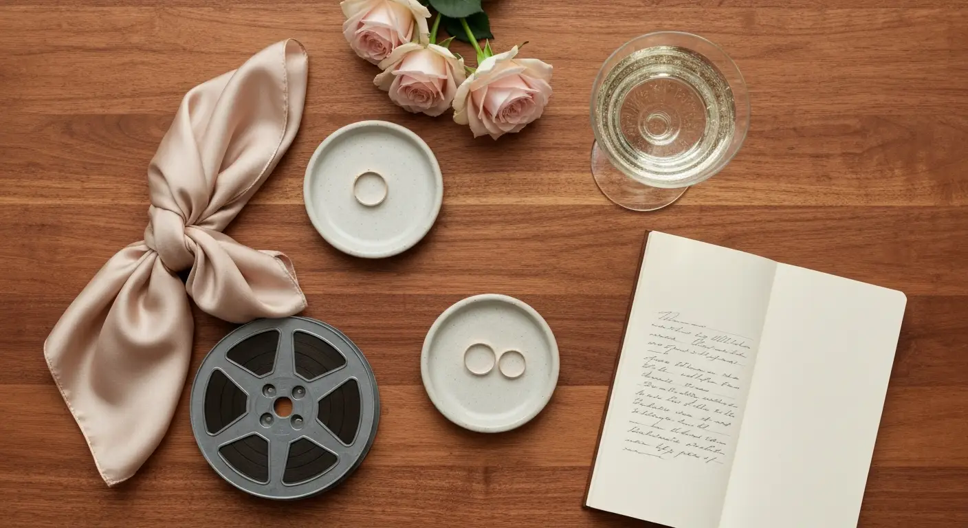 Filmowe rekwizyty, dwa osobne złote pierścionki i róże symbolizujące długoletni związek bez ślubu
