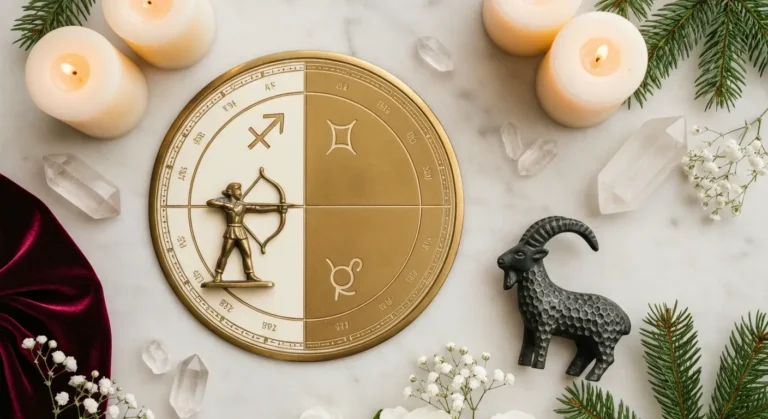Zodiakalna kompozycja z łucznikiem i koziorożcem w zimowej aranżacji