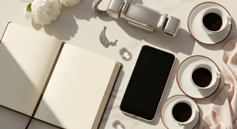 Dziennik, telefon, dwie filiżanki i kryształy symbolizujące rozmowy Bliźniąt