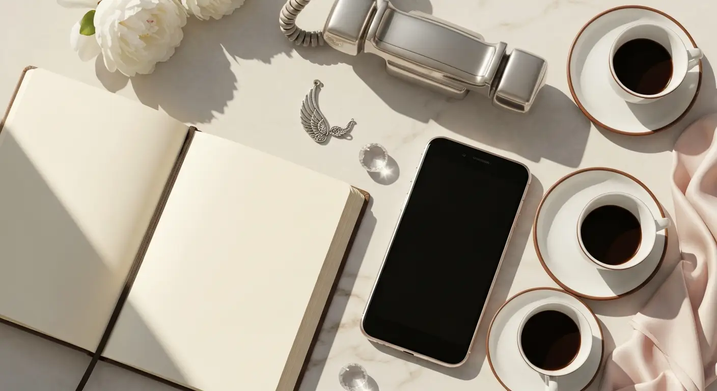 Dziennik, telefon, dwie filiżanki i kryształy symbolizujące rozmowy Bliźniąt