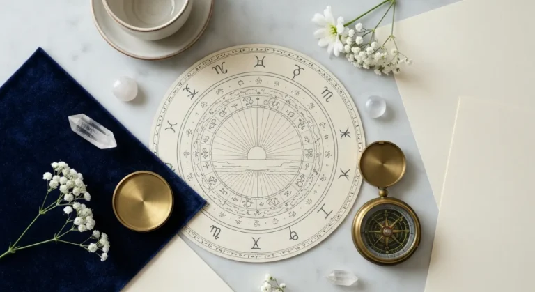 Astrologiczny kosmogram z kompasem, kryształami i motywem wschodzącego horyzontu