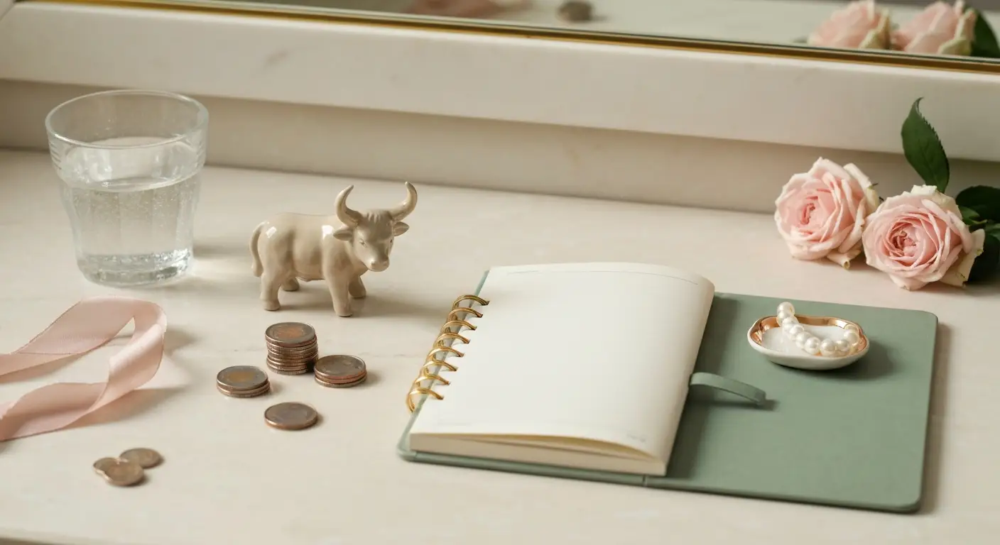 Ceramiczna figurka Byka, monety i notes na marmurowej toaletce z różami