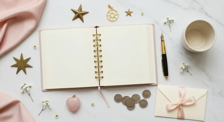 Dzienny horoskop - planner, znak zodiaku, różowy kwarc i symboliczne akcesoria