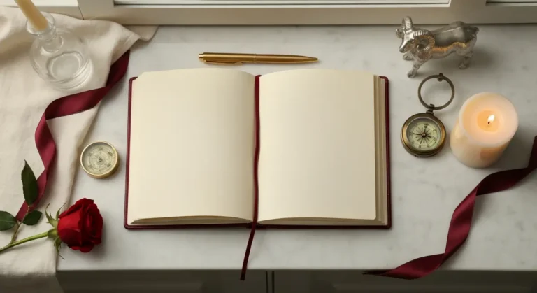 Czerwony notes, figurka barana, kompas, róża i świeca na marmurowej toaletce