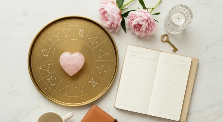 Marmurowa kompozycja z tacą zodiakalną, planerem, różowym kwarcem i kwiatami
