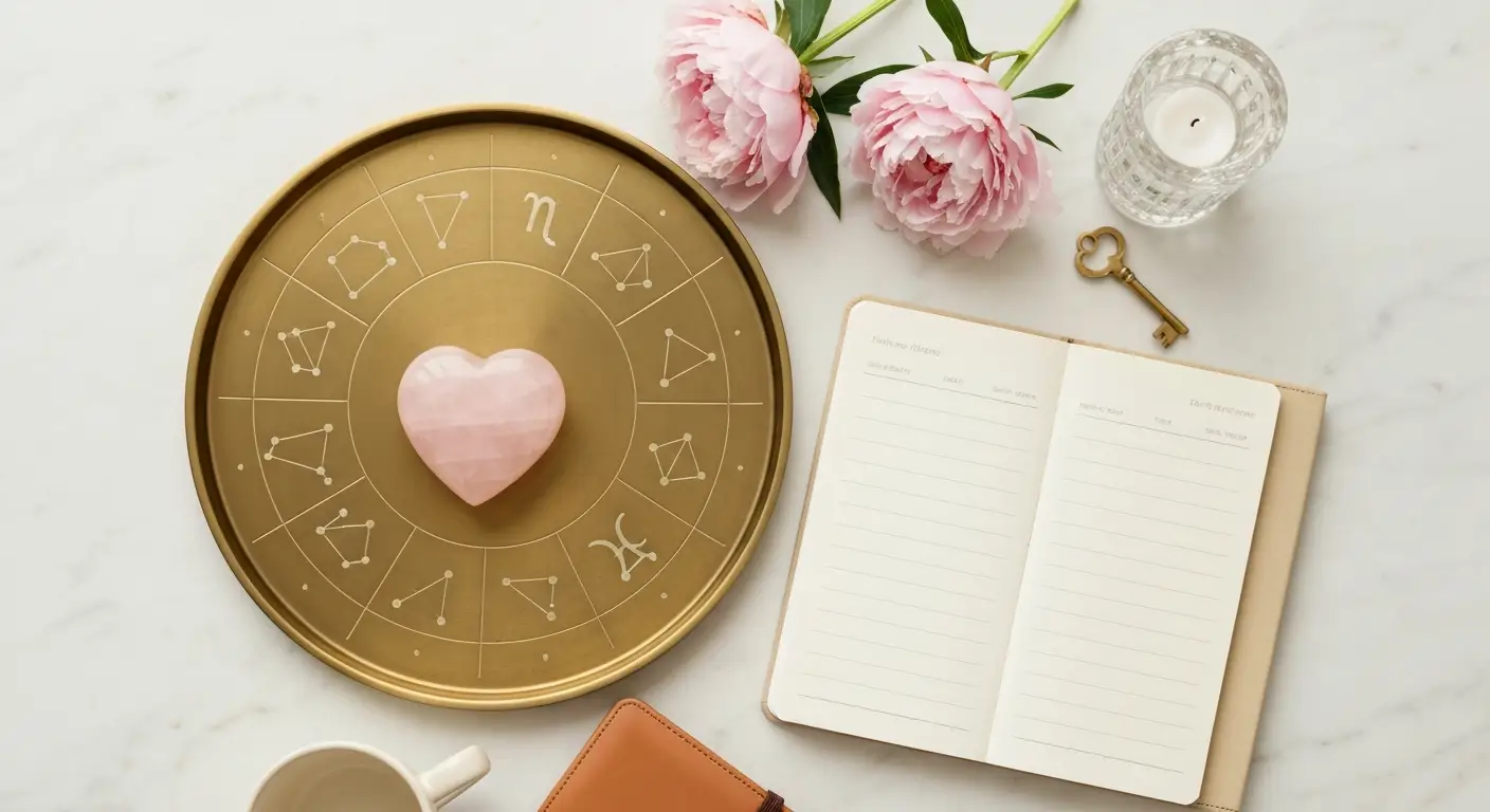 Marmurowa kompozycja z tacą zodiakalną, planerem, różowym kwarcem i kwiatami