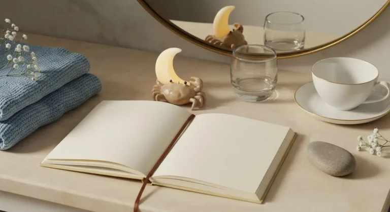 Ceramiczny krab, świeca w kształcie księżyca i notes na marmurowej toaletce
