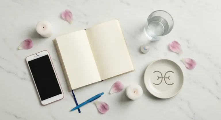 Notes, szklanka wody, świeczki i kamień księżycowy na marmurowej toaletce
